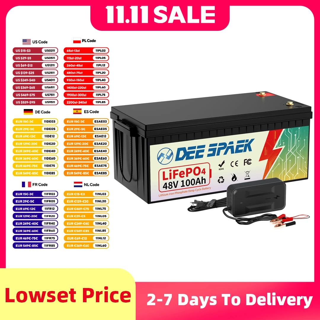 

48 В 100 Ач LiFePO4 Аккумулятор 48 В Литий-железо-фосфатные батареи для туристического автомобиля Лодка Внедорожная внедорожная солнечная энергия ЕС В наличии