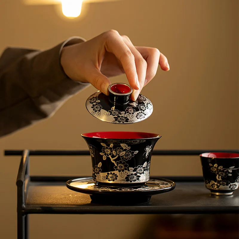 Silver Pattern Black Glaze Ceramic Three-Talent Covered Kung Fu Set Household Butterfly Love Flower Tea Offering Bowl C