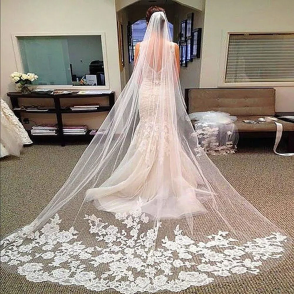 Voile de Mariage Blanc Ivoire à Bords en Dentelle, 5m, Long, à Une Couche, pour Patients, Accessoires Bon Marché, Vente en Gros