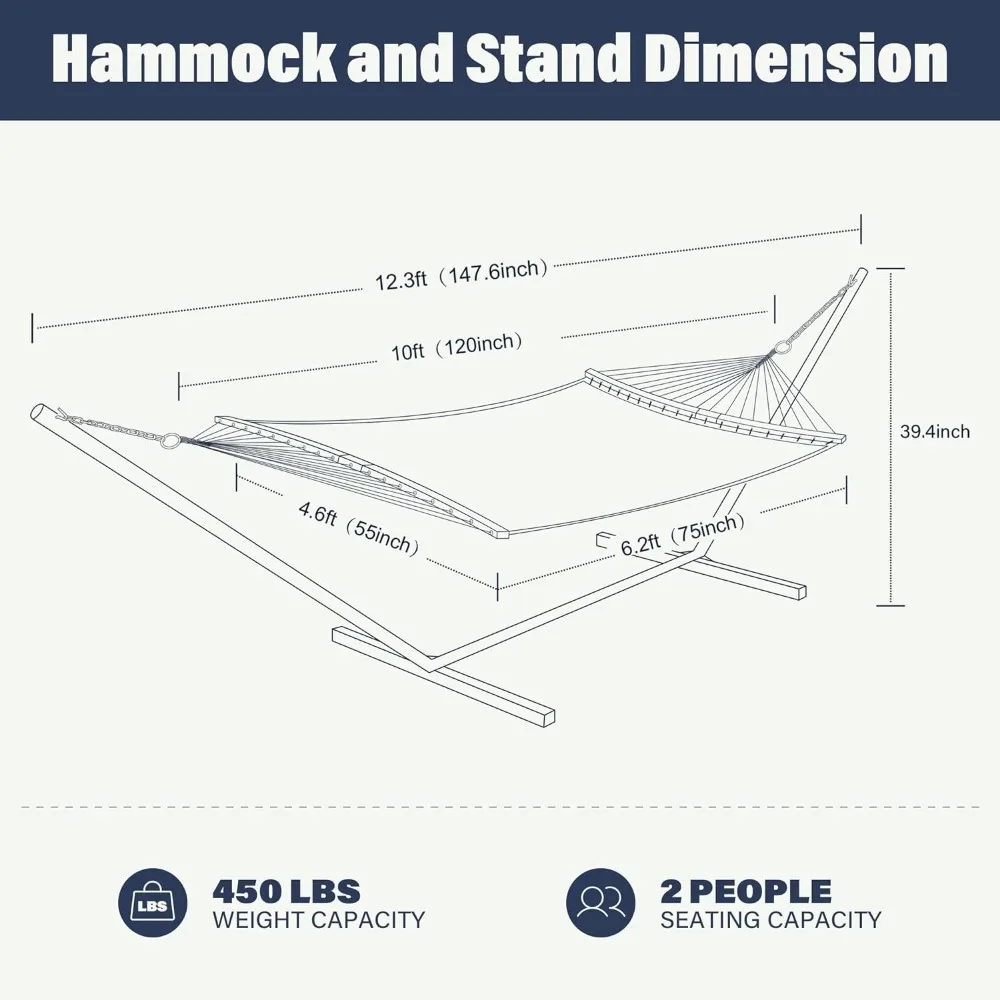 Pátio ao ar livre Two Person Hammock, Suporte de aço portátil, Double Quick Dry, Curvo Bamboo Spreader Bar, 12 pés