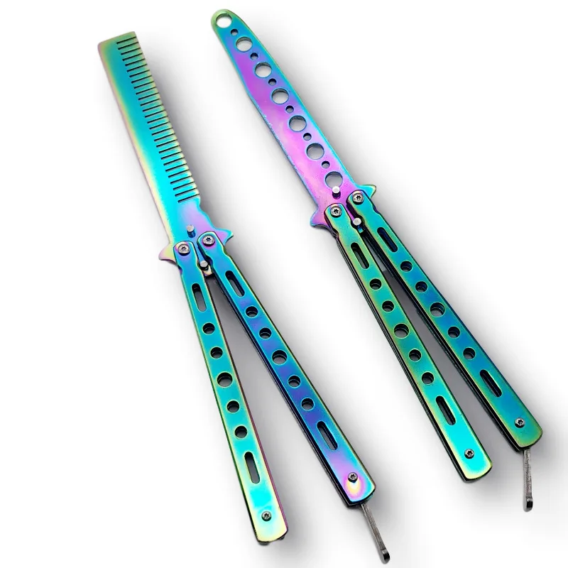 Butterfly Knife Comb Beard & Moustache Brushes Hairdressing Styling Tool Foldable Comb Stainless Steel Practice Training