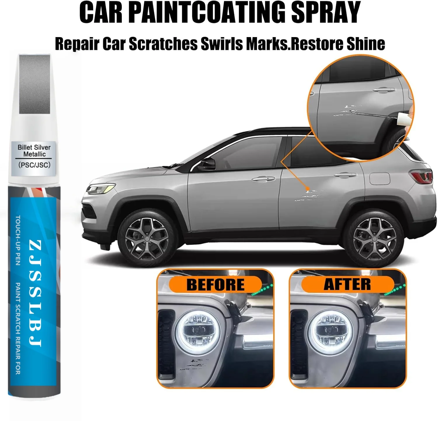 Car Touch Up Paint(Billet Silver Metallic(PSC/JSC)) for Jeep, Car Paint Scratch Repair Kit, Quick & Easy Solution to Repair