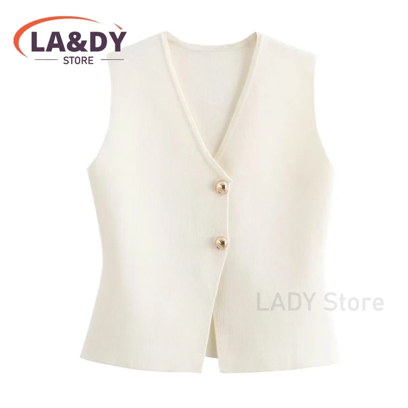 Vest Woman 2024 Fashion Loose V-Neck Buttons Knit Tops Female Solid Color Casual Sleeveless Tank