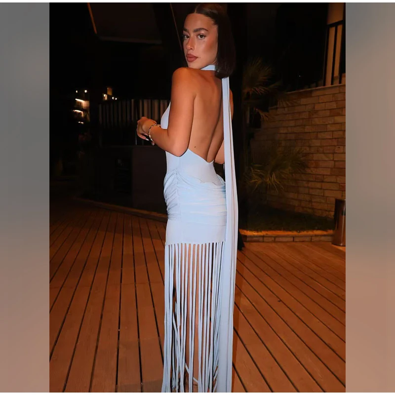 Women Sexy Tassel Patchwork Maxi Dress Elegant V-neck Wide Strap Sleeveless Waist-cinching Slim Fit Dresses Chic New Party Gowns