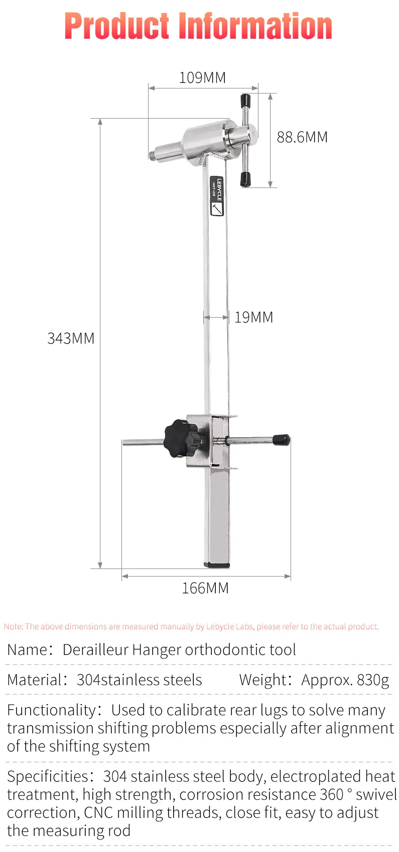 LEBYCLE Bicycle Derailleur Hanger Calibration Tool 304 Stainless Steel Bike Frame Tail Hook Straightener Lifting Lug Pull Tool