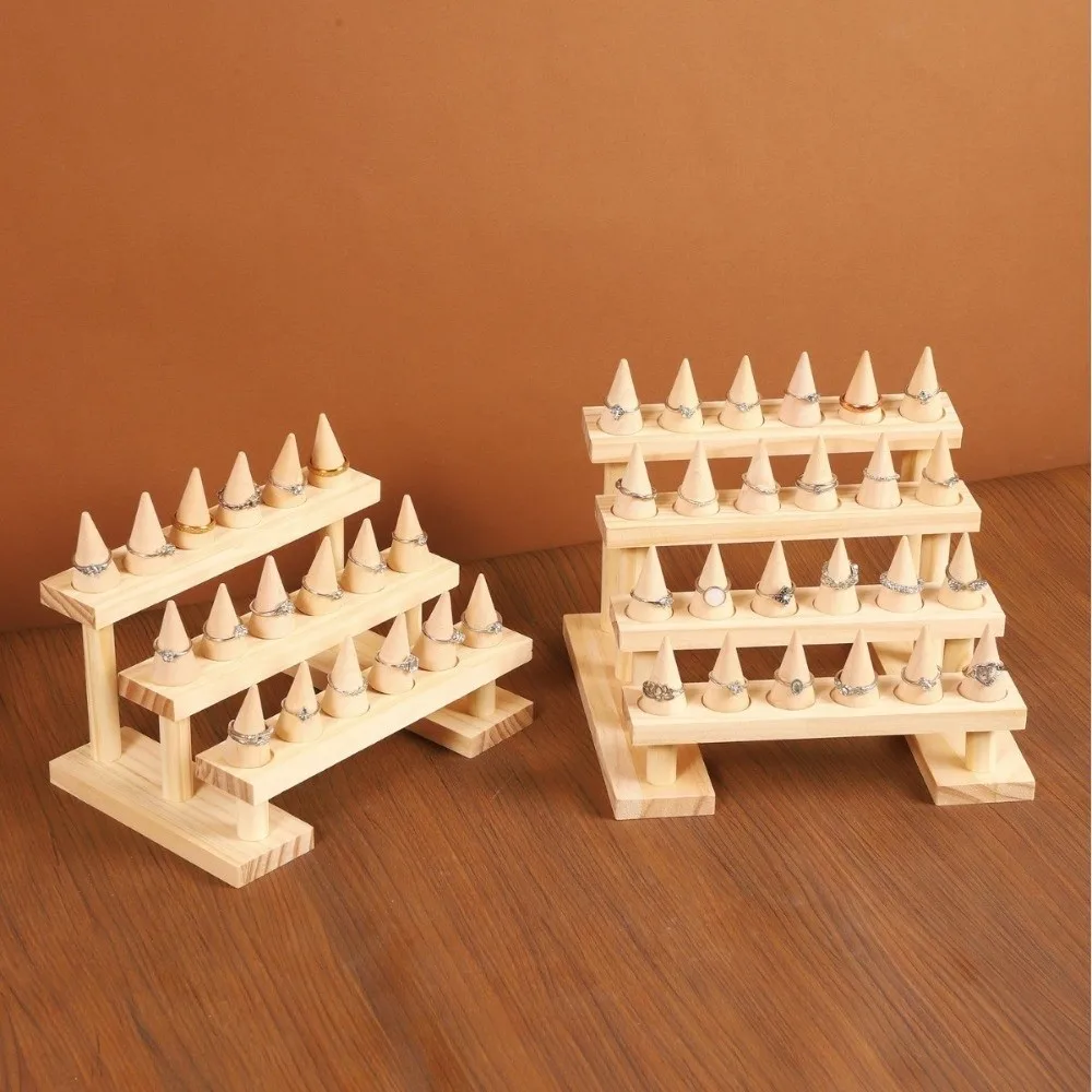 Wooden Ring Display Stand Cone Shape 2/3/4 Layer Ring Holder Display Rack Durable Multi-Functional Ring Storage Tray