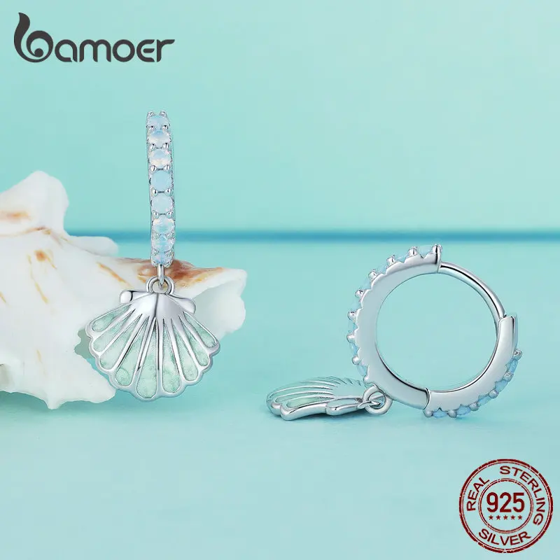 Bamoer 925 Sterling Silver Sea Shell Ear Buckles Zircon Hoop Earrings Enamel Process for Women Ocean Series Fine Jewelry BSE842