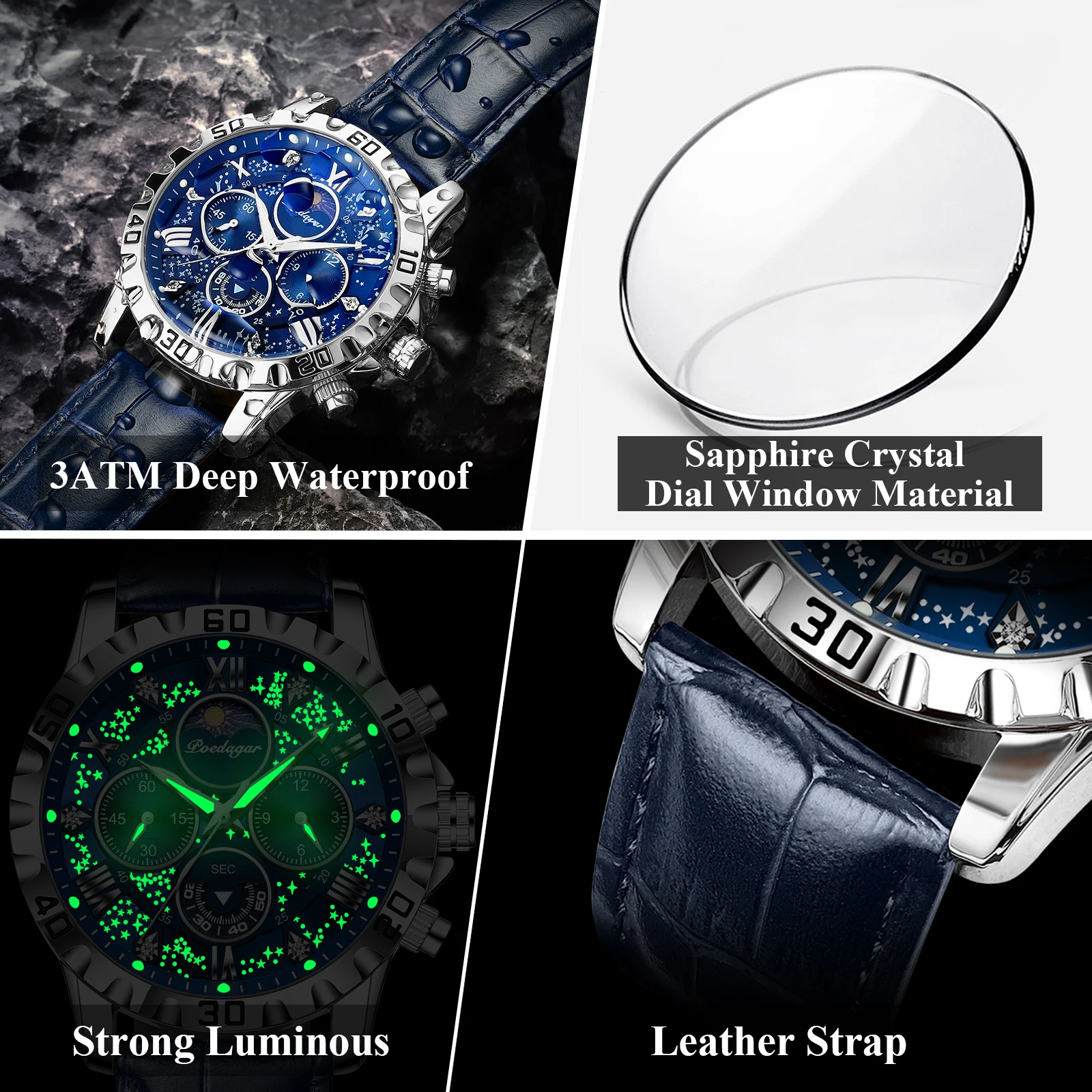 POEDAGAR-Reloj de lujo para hombre, cronógrafo luminoso, resistente al agua, de cuero, de cuarzo, militar, de alta calidad