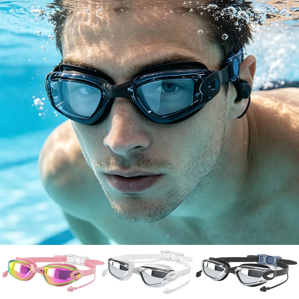 Adult Swimming Goggles with Integrated Earplugs & Anti-Loss 3D Frame for Men Women, for Heated Pool Training Open Water Racing