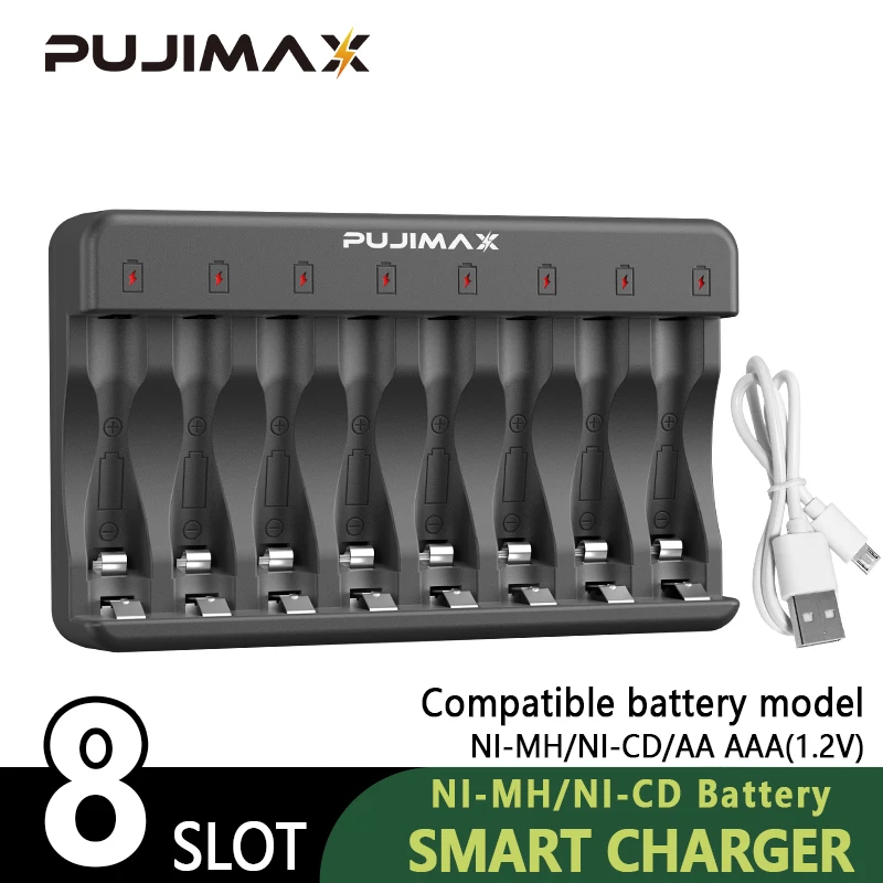 PUJIMAX 8-Slots 1.2V LCD Display Smart Battery Charger For AA/AAA NiMh NiCd  Rechargeable Batteries aa aaa Batteries Charger