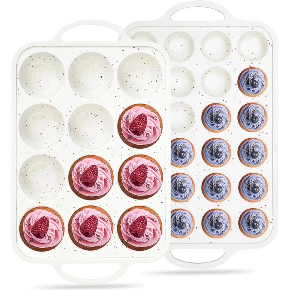 Silicone 12 & 24 Cup Cupcake Pan Set with Metal Reinforcement, BPA-Free (2 Pcs, Cream)