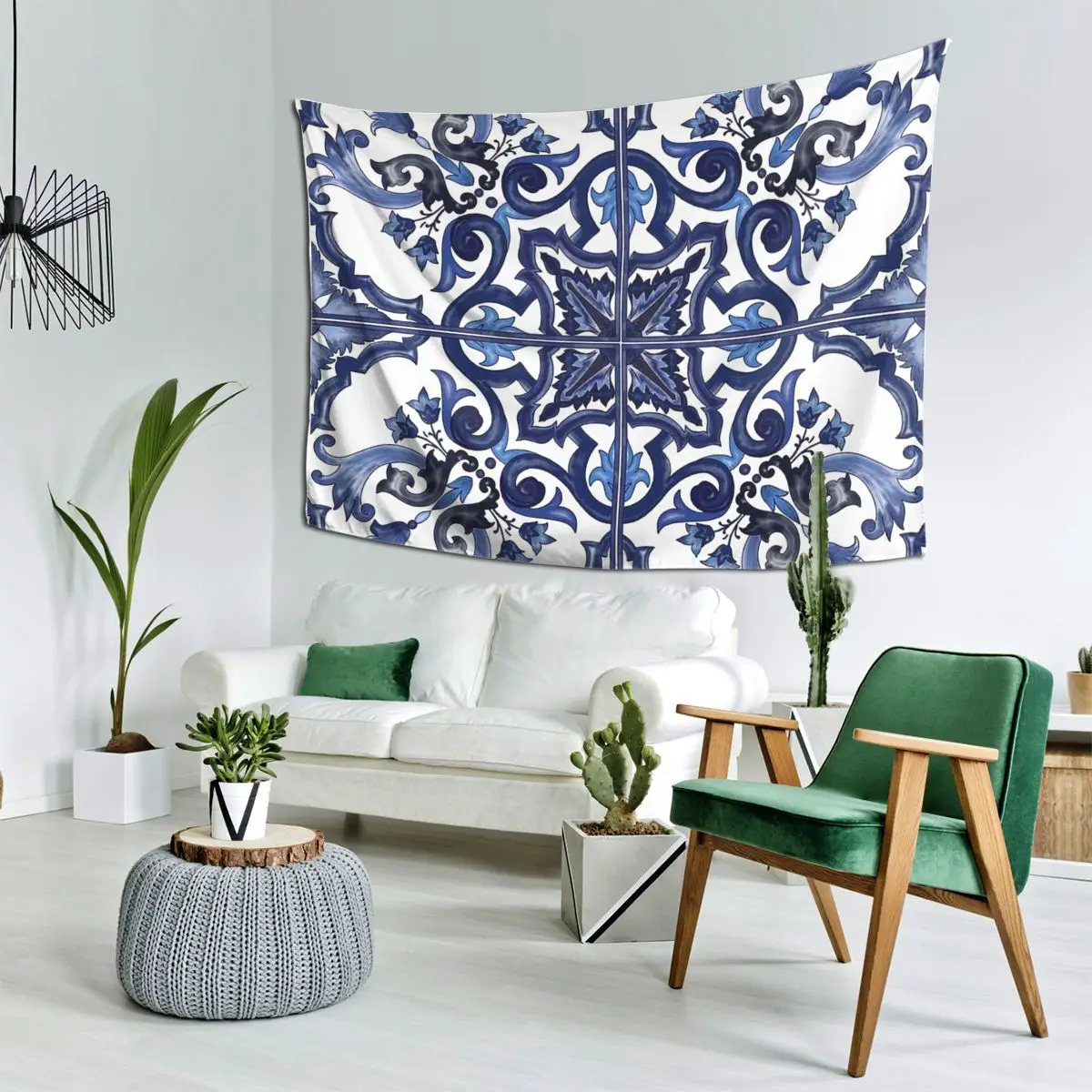 الأزرق المزخرف الأزهار البحر الأبيض المتوسط صقلية بلاط نسيج ديكور الفن المفروشات الجمالية لغرفة النوم المنزل قماش صوفي الجدار الشنق