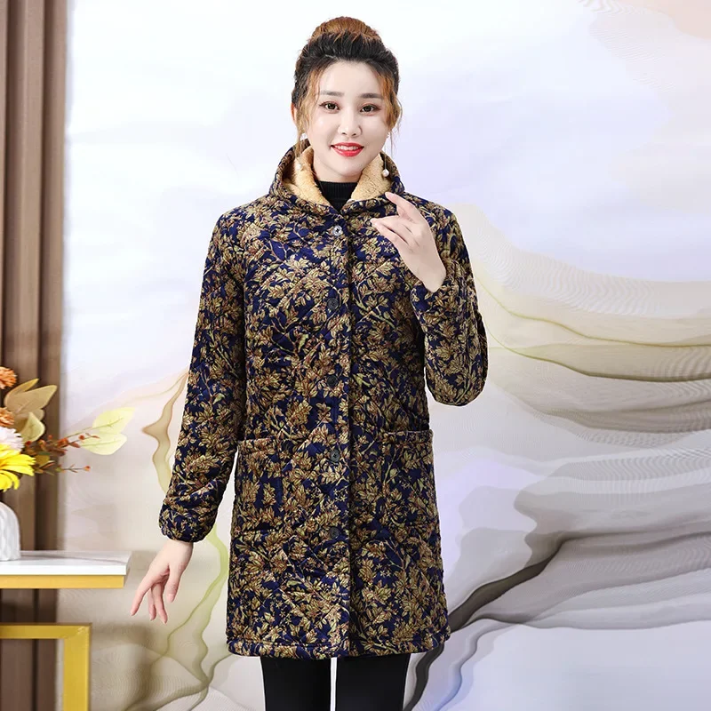 Winter Coat with Fleece Hooded Jacket, New Style for Middle-aged and Elderly Women, Thick Cotton Coat for Autumn and Winter