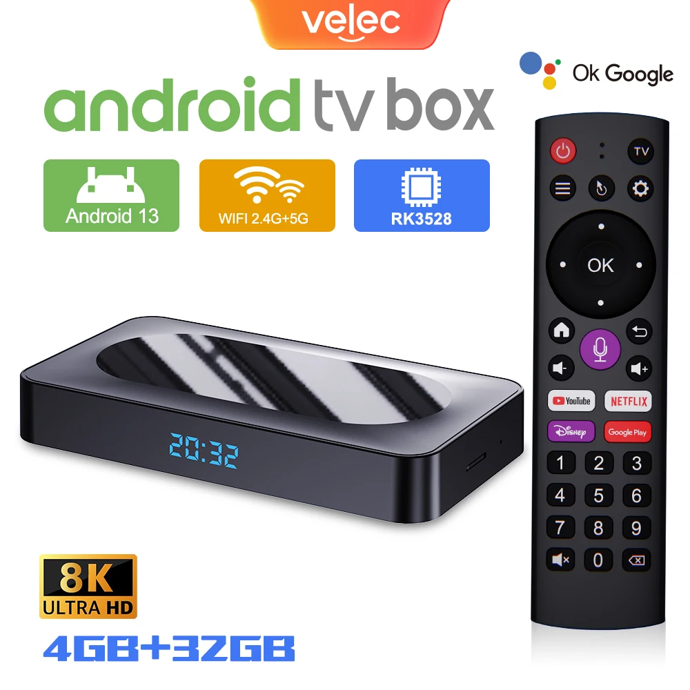 

Velec TV Box Android 13 RK3528 Rockchip 3528 Quad Core 4K 8K Media Player Wifi6 BT5.0 4GB 32GB Google Voice Set Top Box