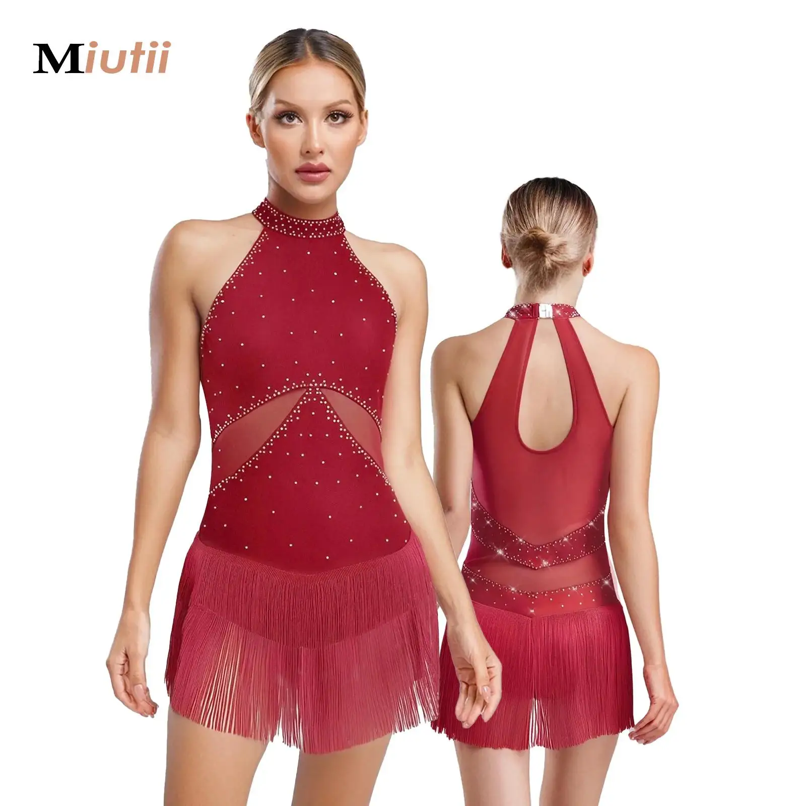 

Womens Latin Dance Dress Fringed Dance Leotard Rhinestones Sleeveless Tassel Bodysuit for Figure Skating Tango Samba Latin Jazz