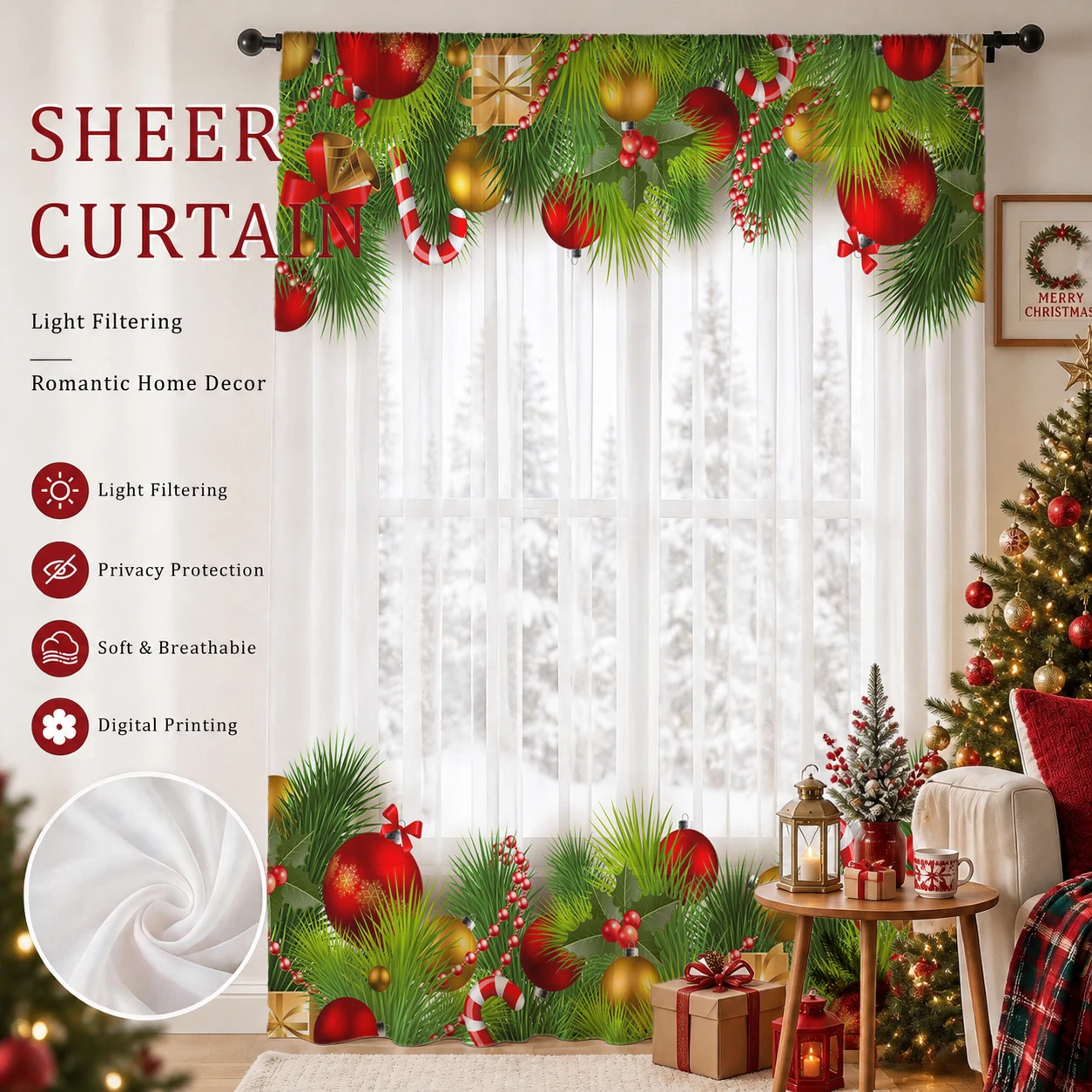 Christmas Gradient Sheer Curtain, Good Quality Light Reducing Privacy Voile For Living/Bedroom/Kids Room,Christmas's Day Gift