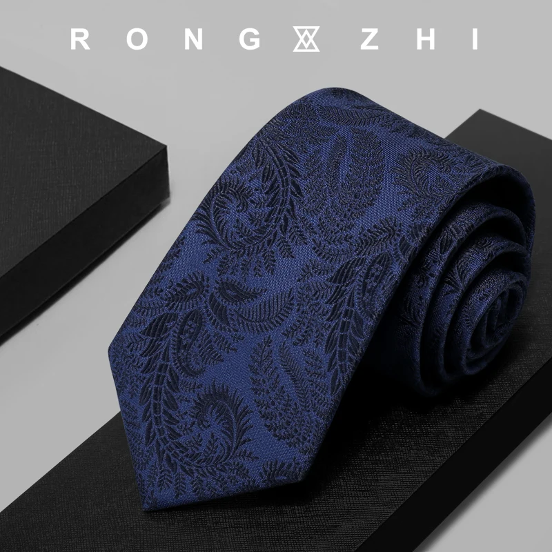 

Rongzhi Blue Retro Embroidered Pattern Silk Suit Tie for Men, High-End Design, Niche Formal Business Style