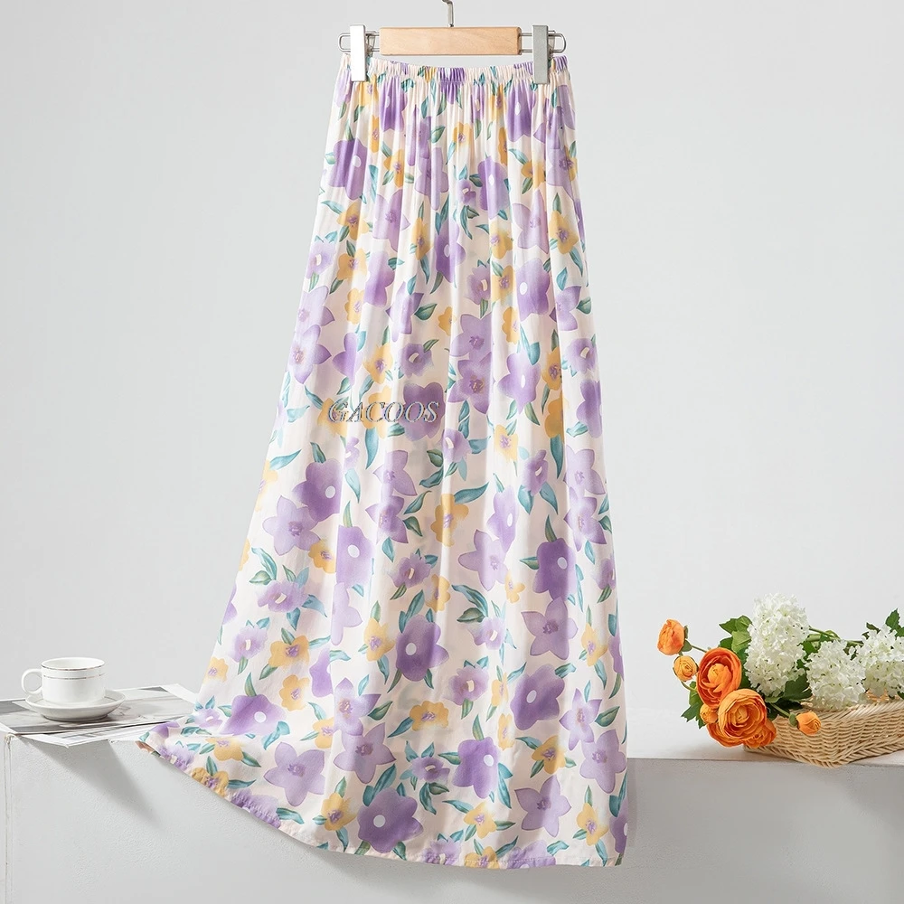 Fashion Viscose Women Floral Print Skirt Woman Clothes Beach Skirts Summer High Waist Wrap Flower Long Skirts Streetwear Dress