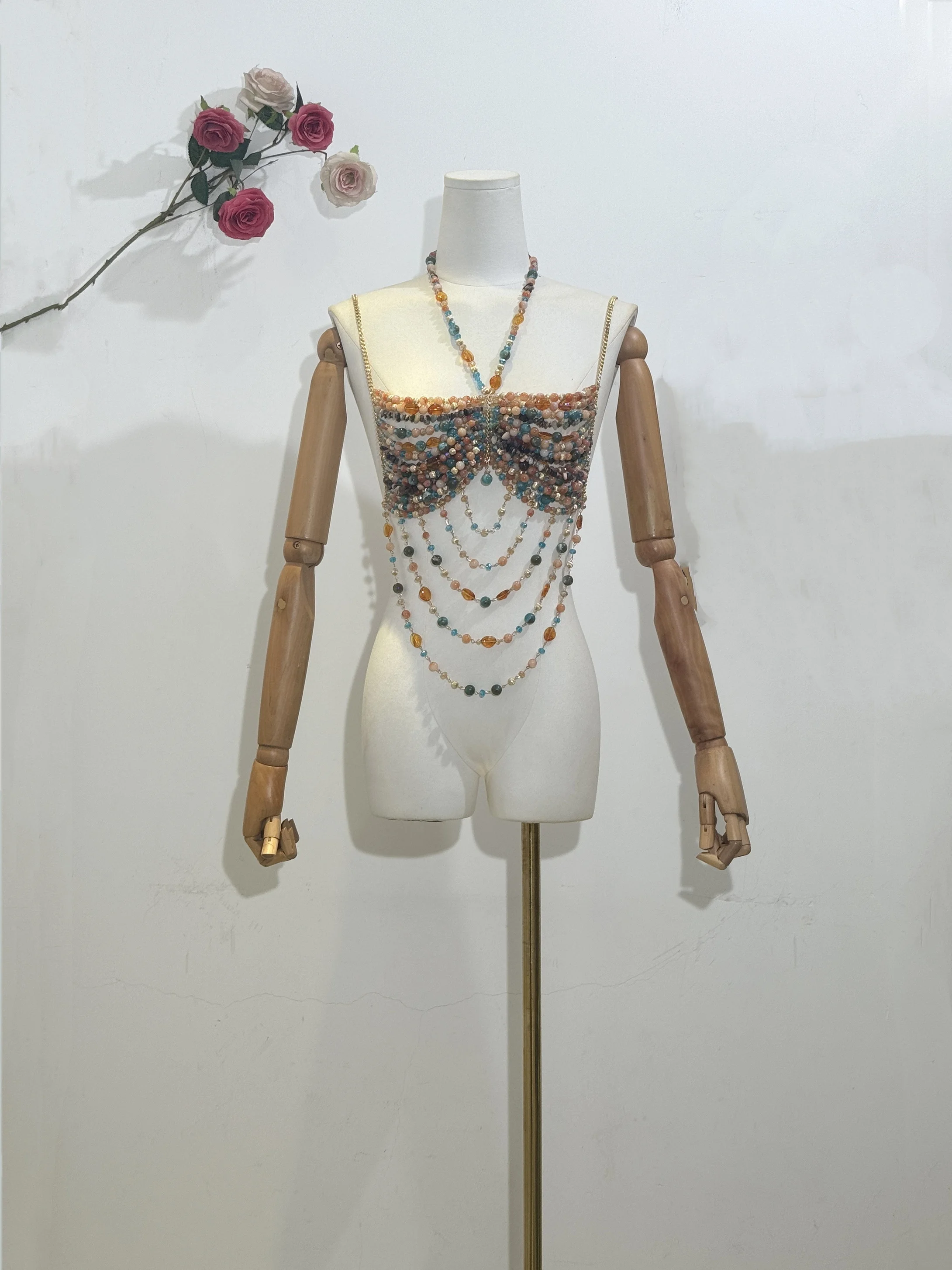 

2025 Amazing Women Crystal Stone Beaded Party Halter Tank Top Beachwear Hot Sexy Lingeie Fashion Handmade Holiday Body Chain