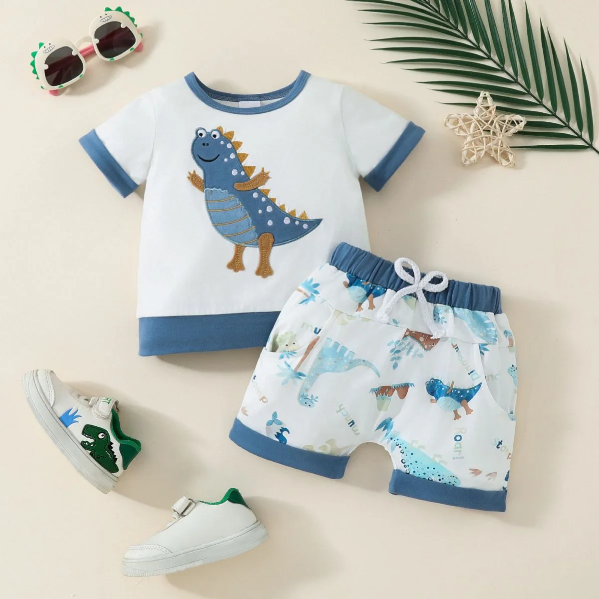 Baby boy letni casual kreskówka dinozaur patch haftowany dopasowany kolorystycznie T-shirt + spodenki z literą dinozaura dwuczęściowy zestaw