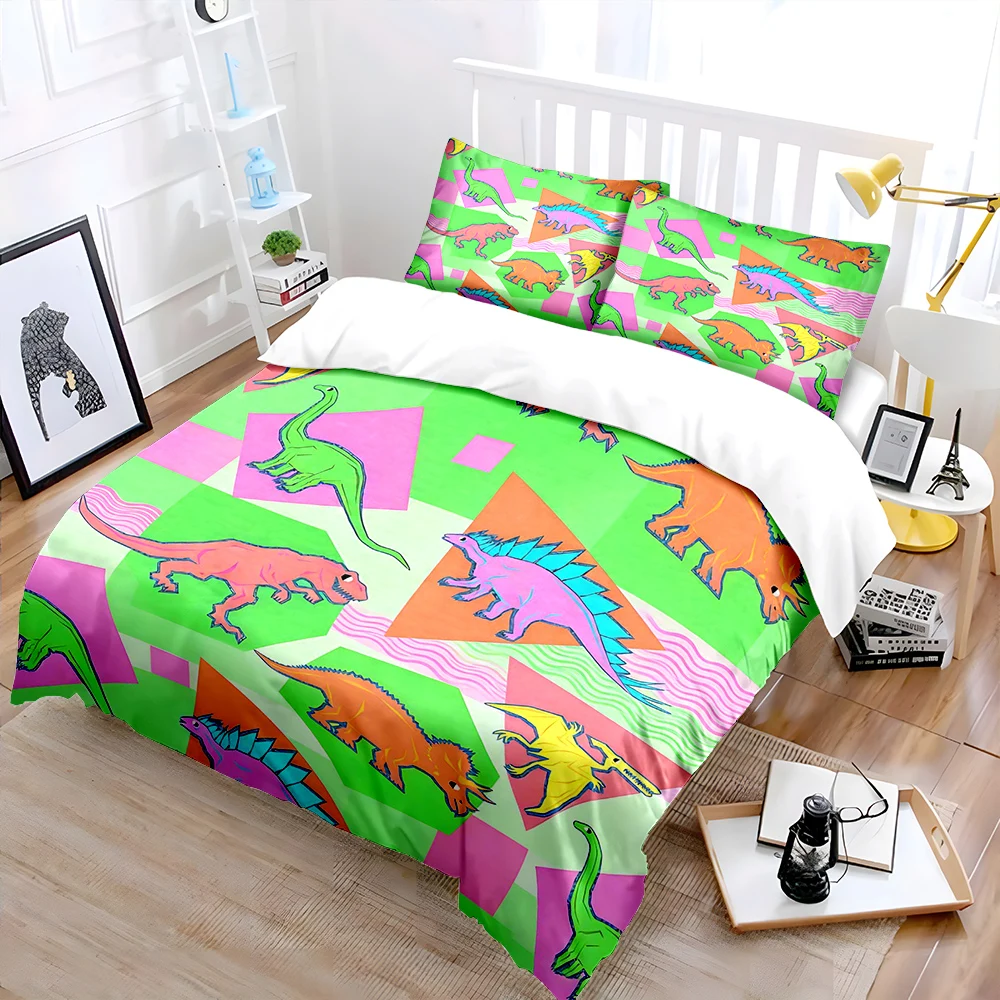 Colorful Cartoon Dinosaur Background Pattern Duvet Cover Set Digital Print Polyester Bedding with Zipper Closur for kids gifts