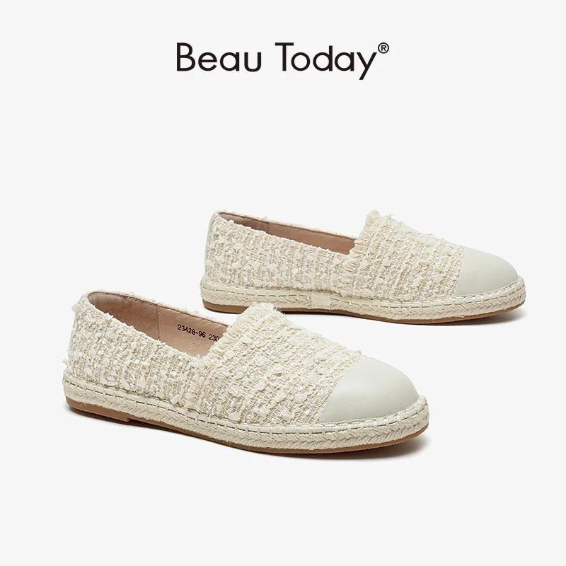 BeauToday mieszkania kobiety kożuch tkaniny kraty okrągłe Toe Slip On tkanina w kratę tkane słomy przypadkowi buty damskie Handmade 23428