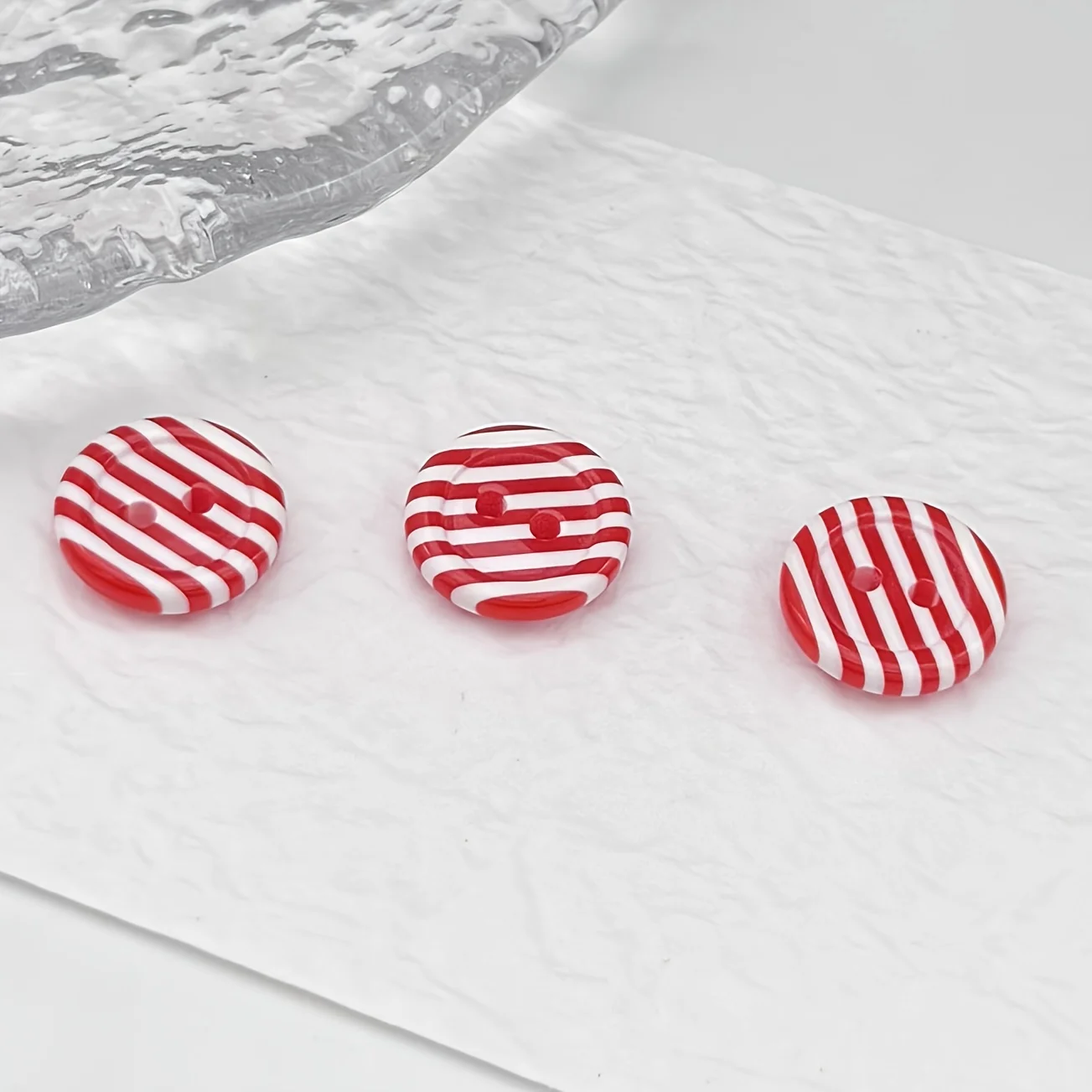 10pcs Red & White Striped Resin Buttons with Black Center - Glossy Spherical Decorative Buttons with Two Holes