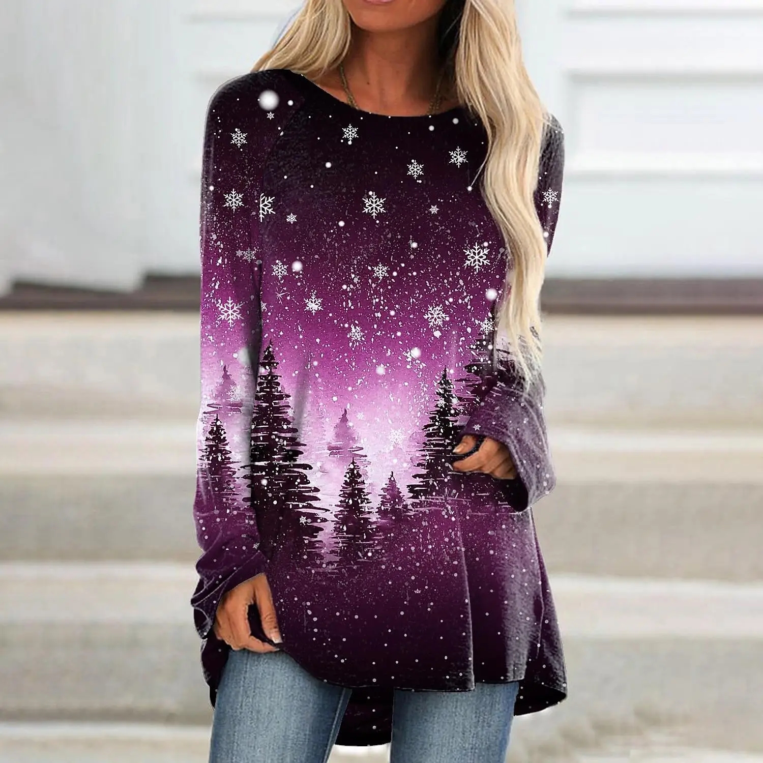 

Women Tops Christmas Party Snowflake Sparkly Painting Print Oversized Shirt Autumn Daily Long Sleeve Basic Tee Graphic T Shirts