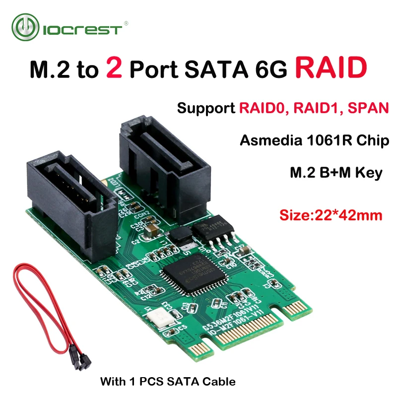 IOCREST M.2 B Key M Key PCIe 2 Ports SATA 6G RAID1 RAID0 Controller Card Use Asmedia 1061R Hardware RAID 2242mm Size