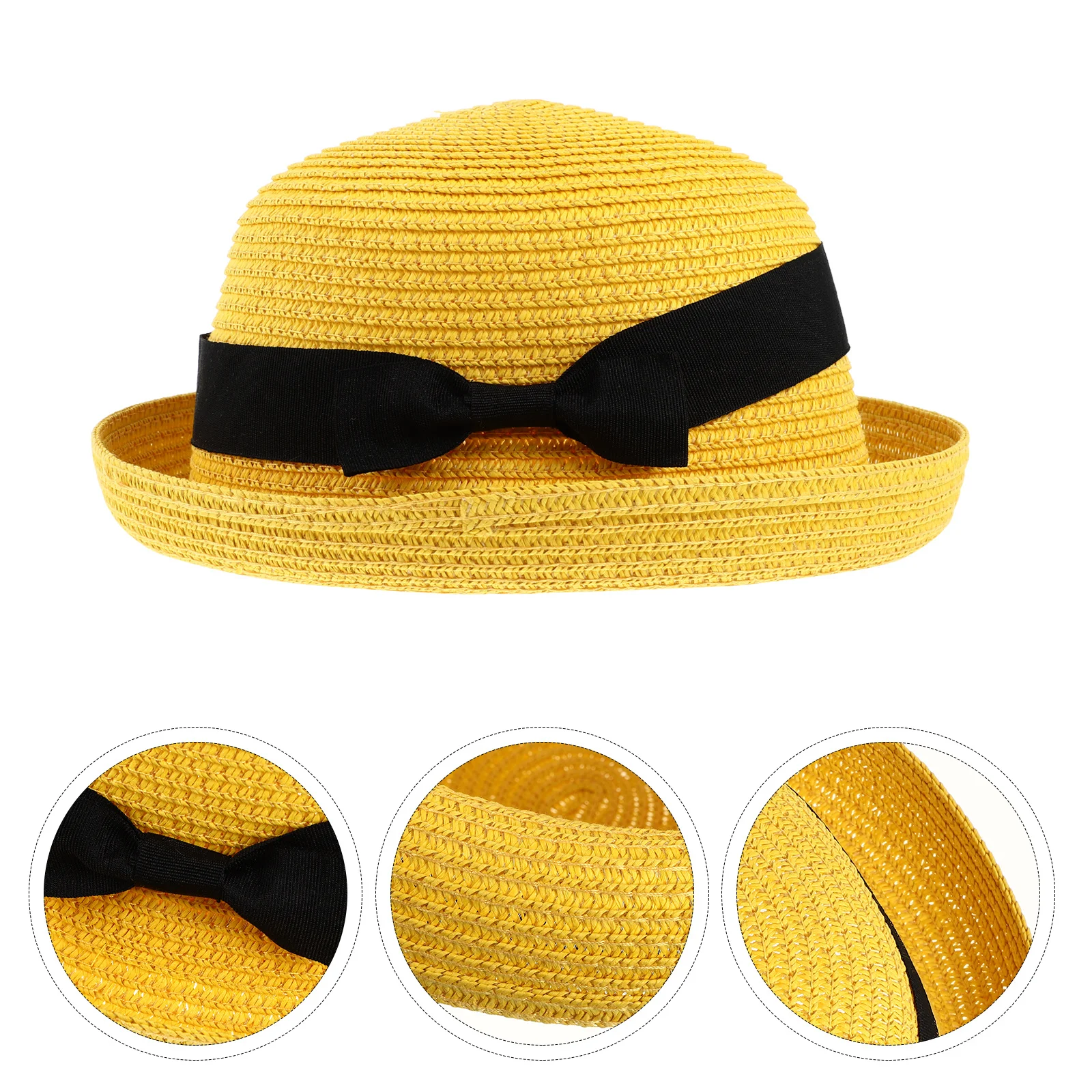 

Dome Sun For Women Yellow 27X27X10Cm Foldable Straw Beach Hat Wide Brim Roll-Up Bowknot Decor Summer Lightweight Uv Protection