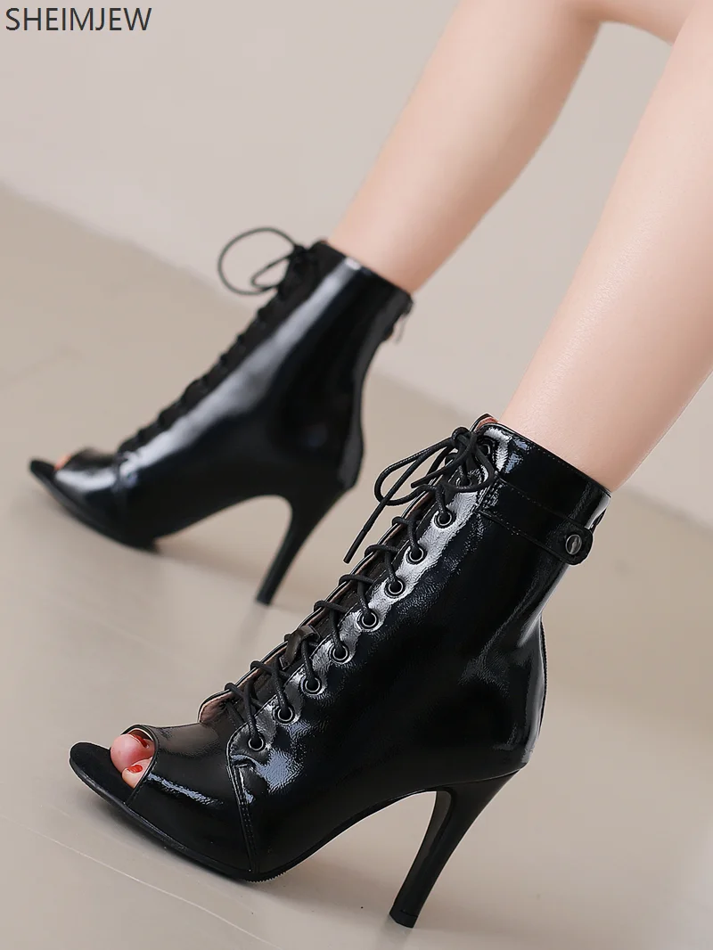 Mode Stiletto Jazz Studio sandales à lacets pour femmes Cosplay danse latine Sexy Stiletto bottes courtes poisson bouche chaussures grande taille