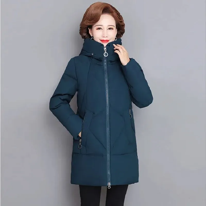 Cotton Padded Jacket Women\'s Parka 2022 New Winter Coats Long Sleeve Zipper Hooded Casual Middle-aged Clothes Mid-Length Outwear