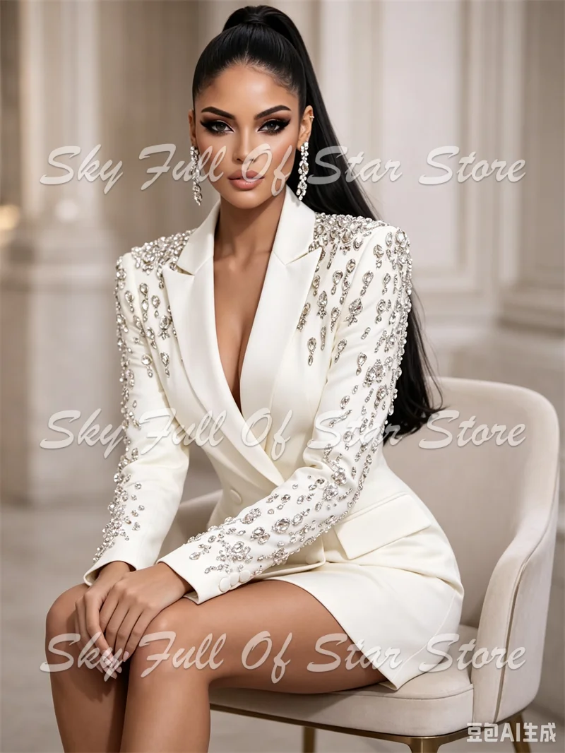 Crystal Rhinestone Blazer Dress Double Breasted Mini Suit Dress Custom Formal Evening Club Party Wedding Cocktail Lady Coat