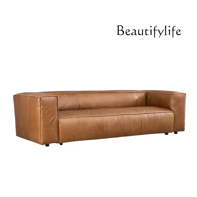 

Retro oil wax leather sofa Italian minimalist straight row simple Nordic living room designer fashion