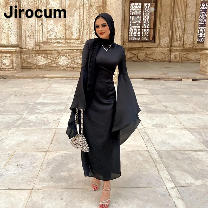 Jirocum-女性の黒のイスラム教徒のドレス,ラウンドネック,長袖,イブニングドレス,足首の長さ,フォーマルなシーン,シンプル,2024