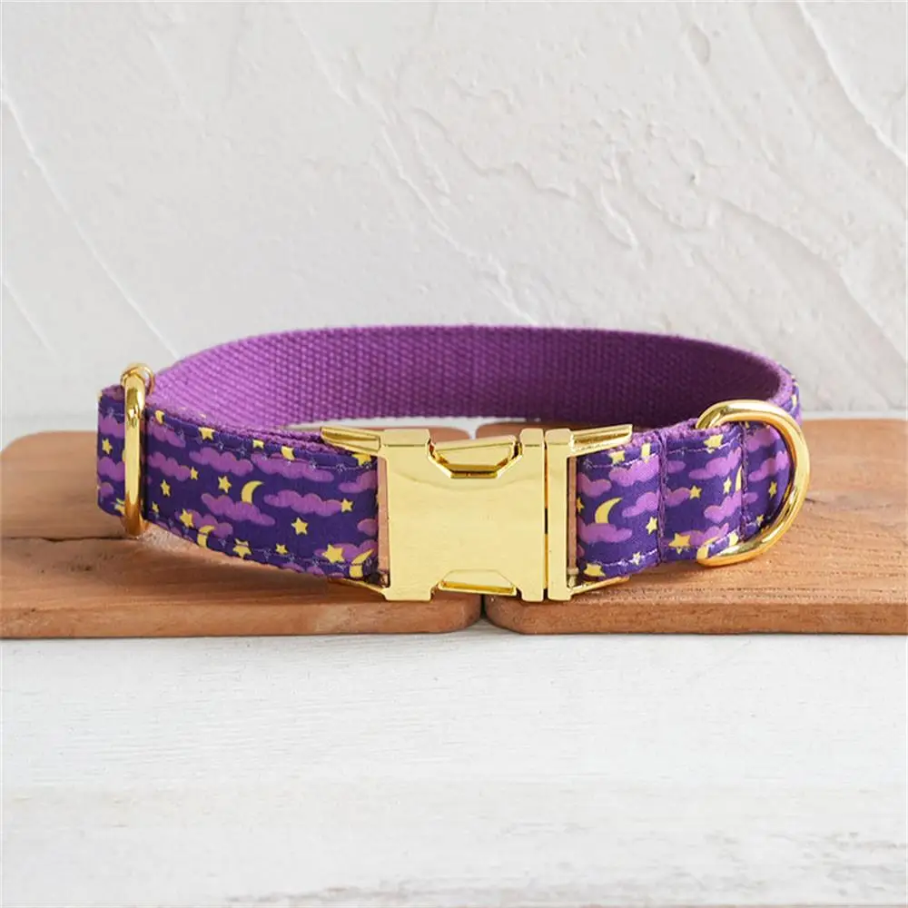 Personalized Dog Collar with Free Engraving, Matching Pet Leash,Customzied Contacts Metal Buckle, Purple Moonlit Night Collar