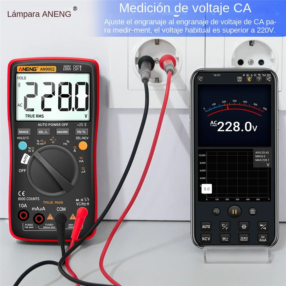 ANENG-multímetro Digital AN9002 con Bluetooth, probador de voltaje de corriente CA/CC, rango automático, 6000 recuentos, RMS profesional