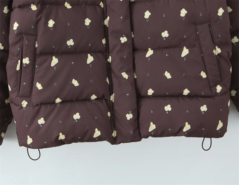 Katoenen damesjas 2025, winter nieuwe stijl kastanje kleur, lange mouwen, bedrukte capuchon, losse warme katoenen jas, casual mode