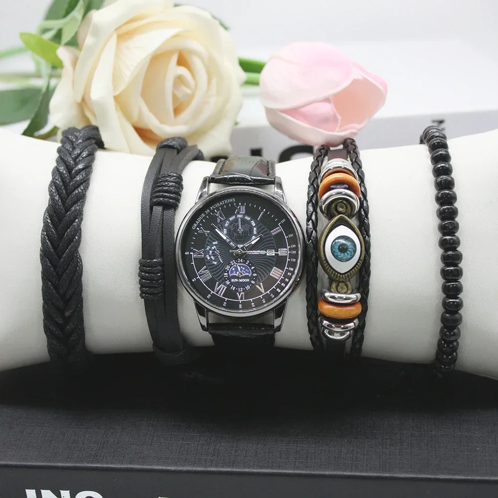 5pcs Set Men's Water Proof Clock Jewelry Sets Retro Fashion Personality Temperament Men's Watch for Classmate Friend Gift