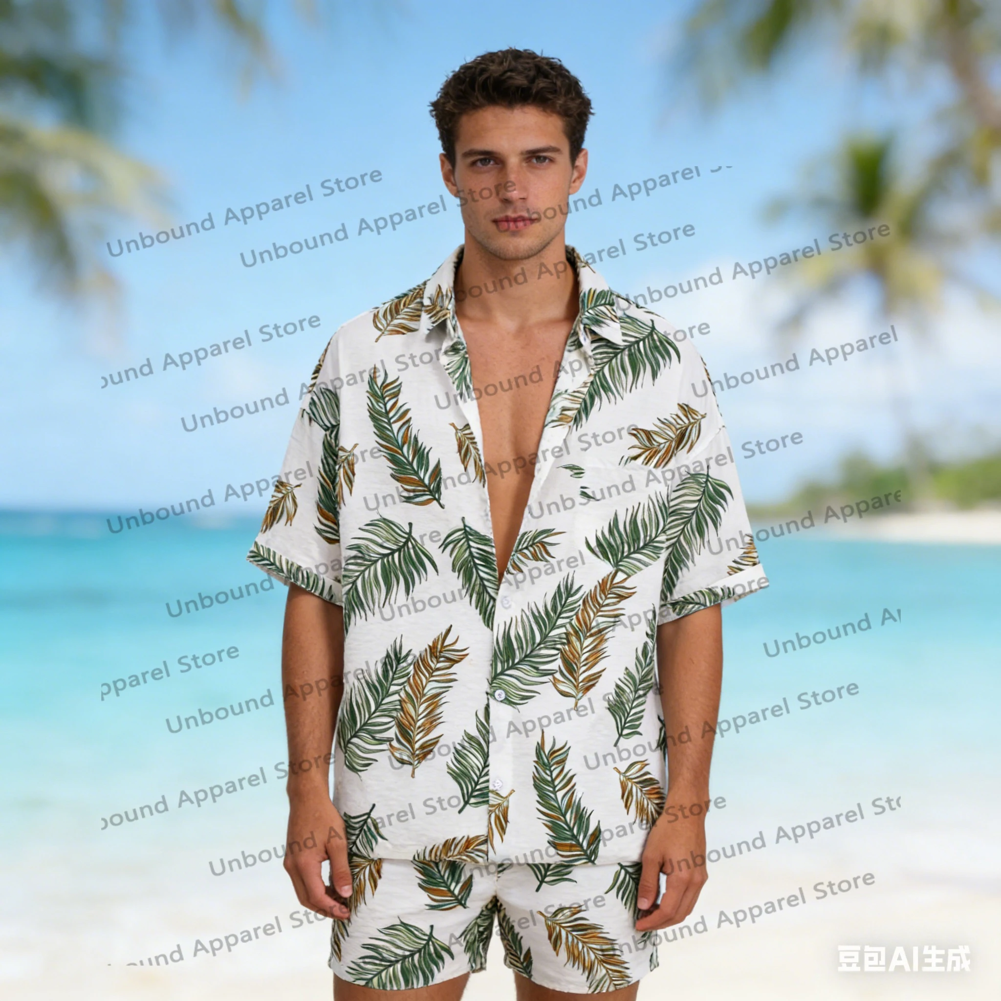 

Men's Spring Summer Tropical Palm Leaf Print Short Sleeve Shirt Casual Loose Fit Top For Beach Vacations And Summer Daily Wear