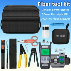 FTTH Fiber Optic Tool Kit With AUA-X5 Fiber Cleaver Optical Power Meter Fiber Stripper Aramid Scissors 10mw Visual Fault Locator
