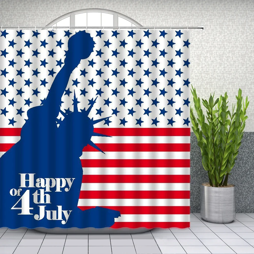 4th of July Shower Curtain Cartoon Style Fireworks Uncle Sam Hat Stars and Balloons Patriotic Illustration Bathroom Decor Set