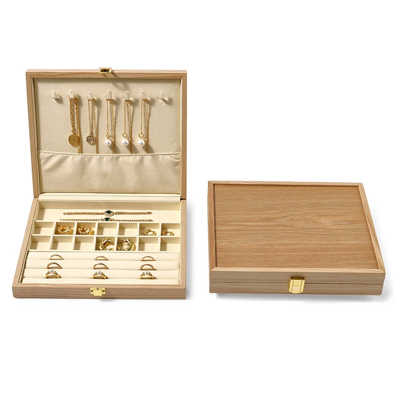 Oirlv-caja organizadora de joyería de madera maciza, anillo de almacenamiento, pendiente, collar, cadena larga, caja para presentación de joyería apilable, organizador portátil