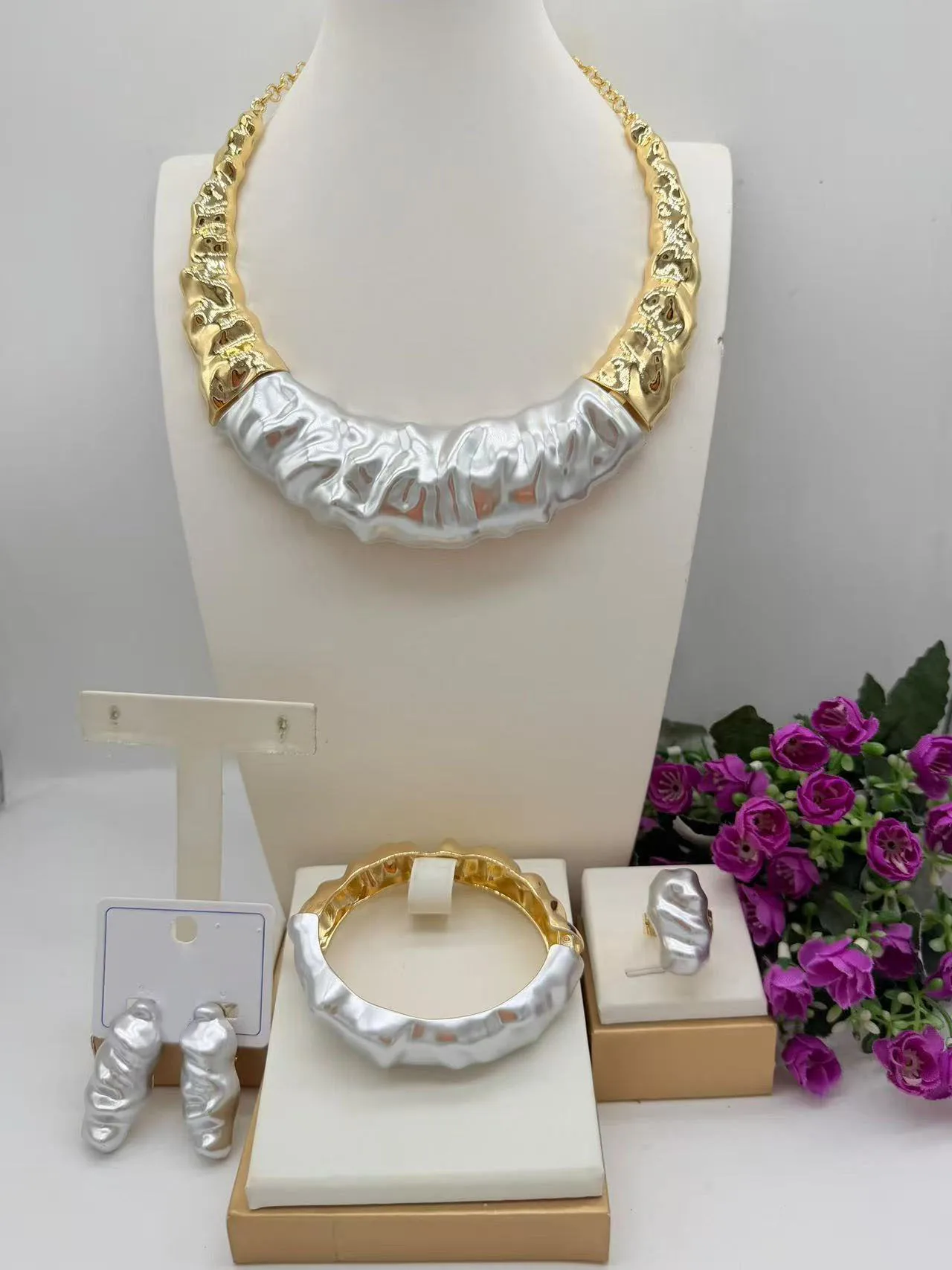 New In Stylish 4PCS Silver Plated Crinkle Jewelry Set Irregular Textured Necklace Earrings Bracelet Ring for Women Party Wedding