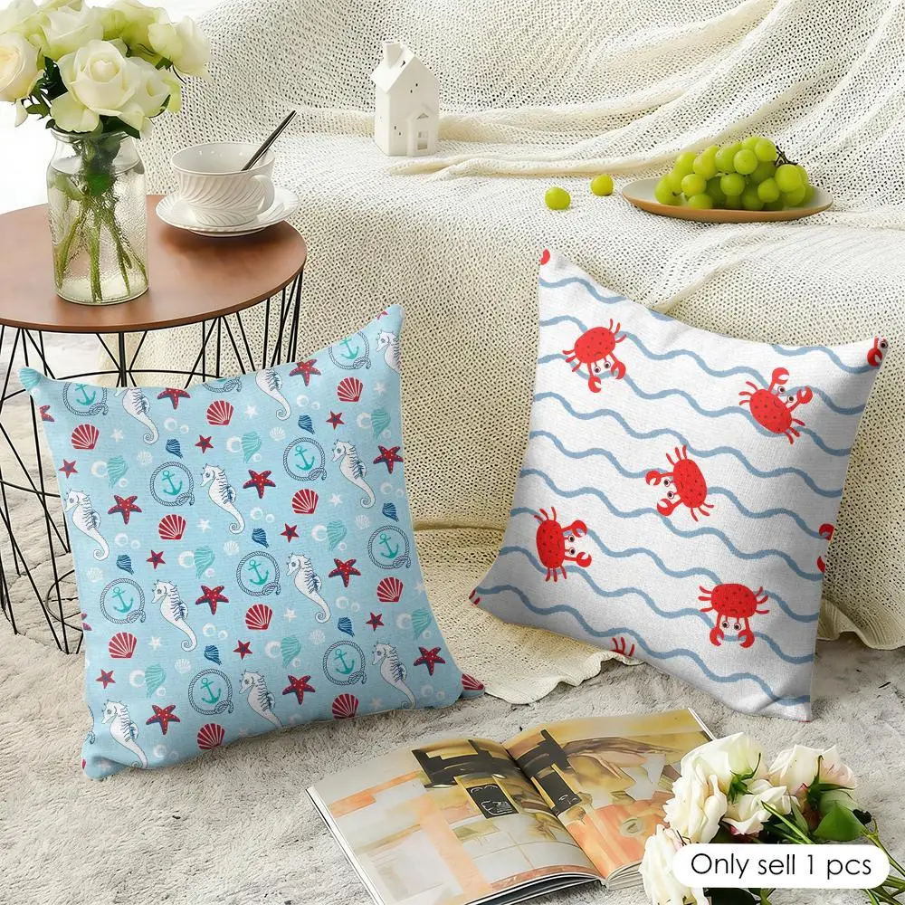 Shrimp and crab pattern Cushion Cover Natural Linen Organic Fabric Double-Sided Printing Sofa Home Decor Gift Pillow Case