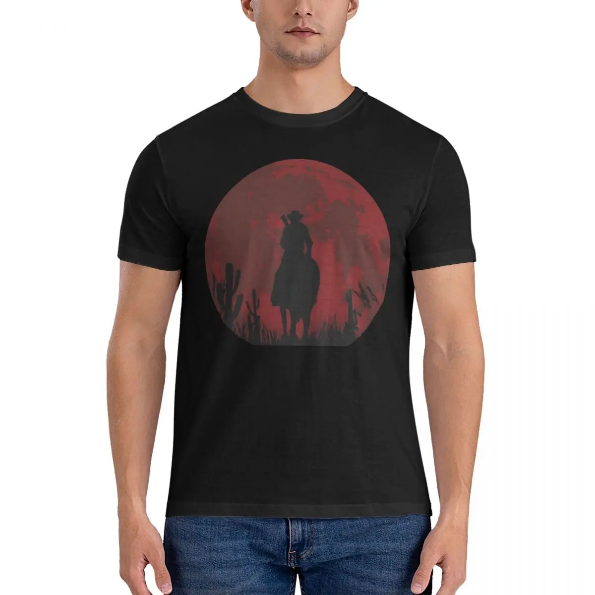 Casual Big Moon T-Shirt for Men Crewneck 100% Cotton T Shirt Red Dead Redemption Short Sleeve Tee Shirt Summer Tops