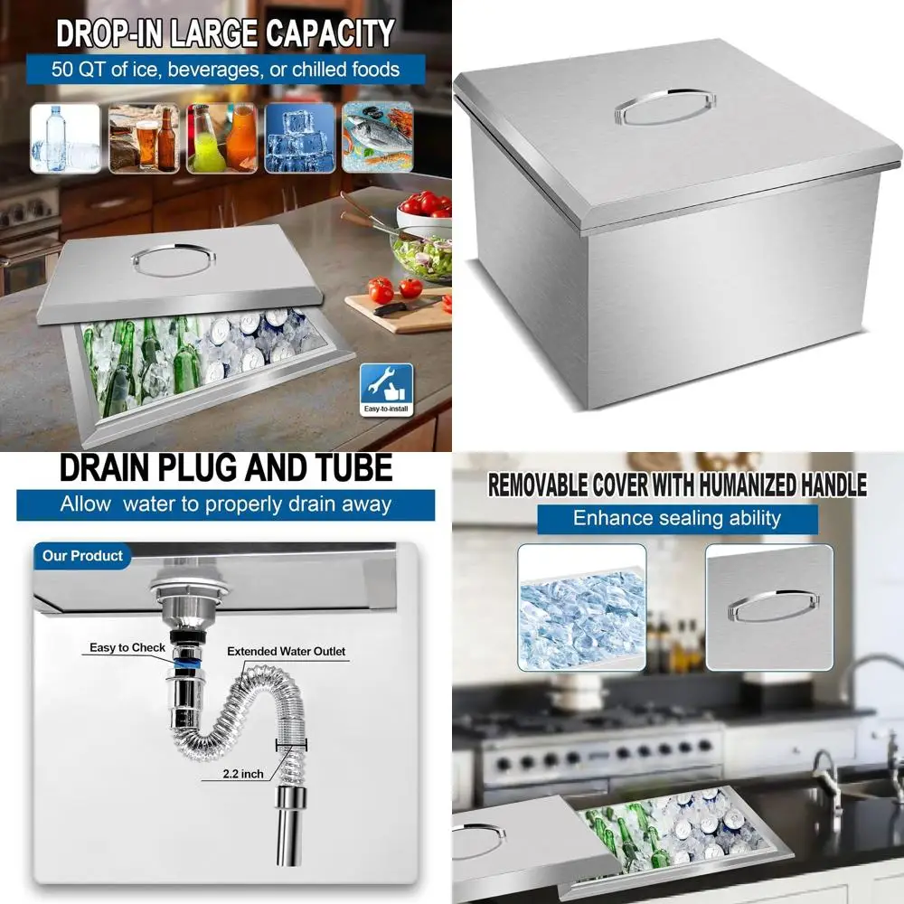 

Ледник из нержавеющей стали 14x12 дюймов (ширина x высота) со съемной крышкой и дренажной системой для напитков