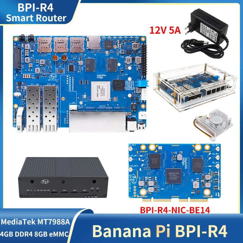 Banana Pi BPI-R4 Wifi 7 MT7988A 4GB DDR4 8G eMMC 128MB SPI NAND Flash Smart Router Board Optional 12V 5A Power Supply Case Fan