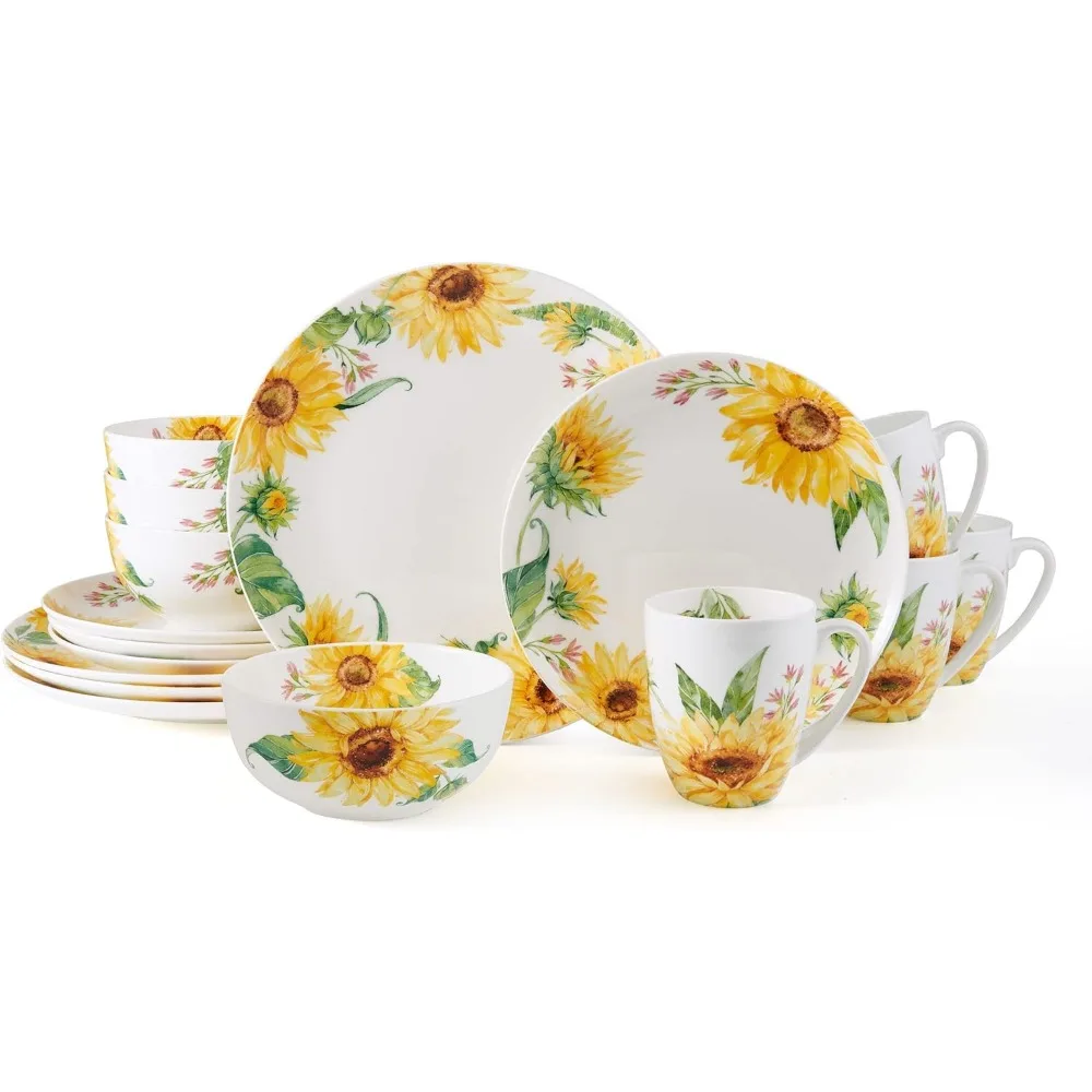 Sunflower Bone China Lightweight Chip Resistant 16 Piece Dinnerware Set, Service for 4, Multicolor