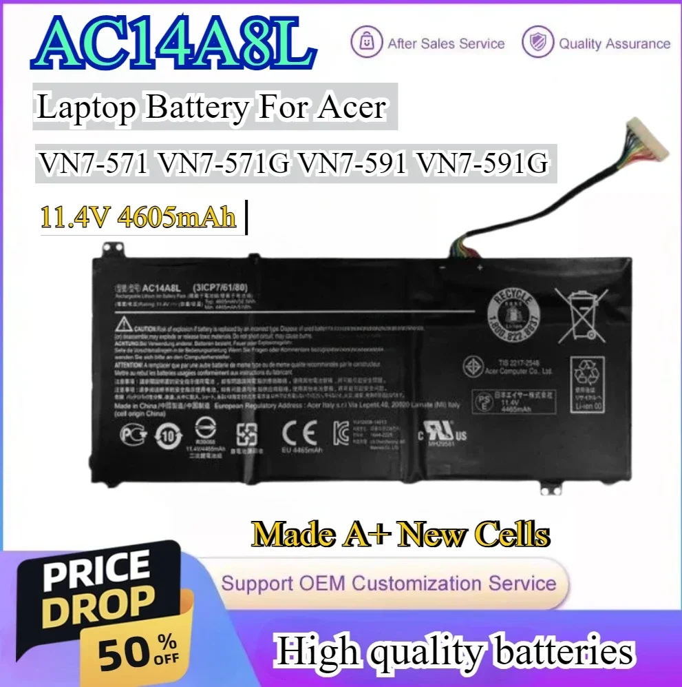 

4605 мАч 11,4 В AC14A8L Аккумулятор для ноутбука Acer Aspire VN7-571 VN7-571G VN7-591 VN7-591G VN7-791G MS2391 KT.0030G.001